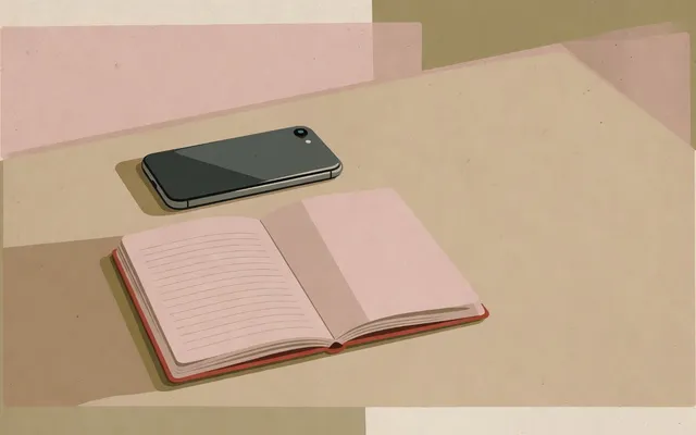 反扣在桌上的手機，旁邊攤開一本書