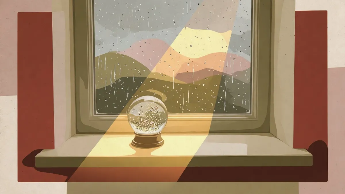 窗台上的天氣玻璃球，雨痕與一小片陽光